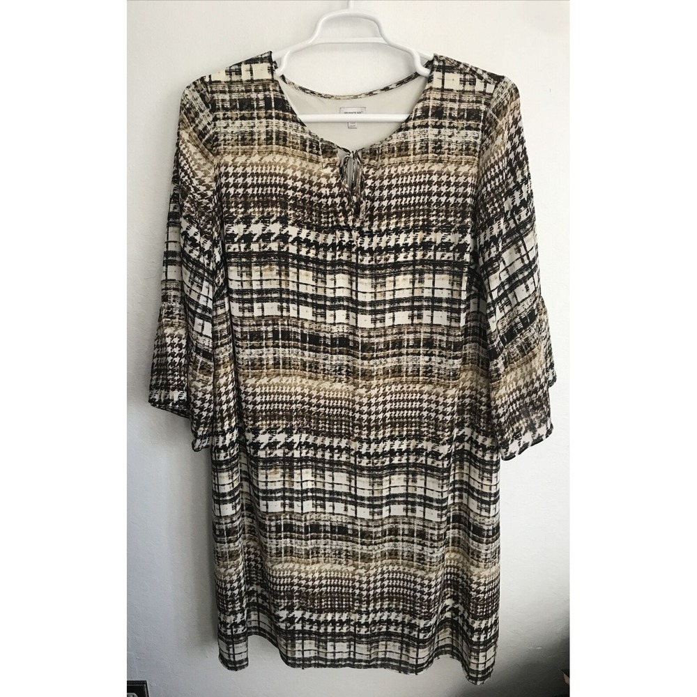 Avenue Womens Brown Plaid Houndstooth Bell Sleeve Tie Neck Shift Dress 22/24